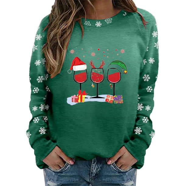 Gibobby Sudaderas de Navidad para mujer Sudadera con cuello redondo y estampado navideño para mujer, sudadera con capucha holgada informal de manga larga(Verde,G)