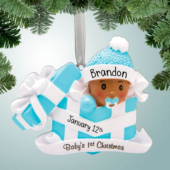 Personalized Baby Boy in Gift - Dark Skin Christmas Ornament - Baby's 1st - African American - New Brother