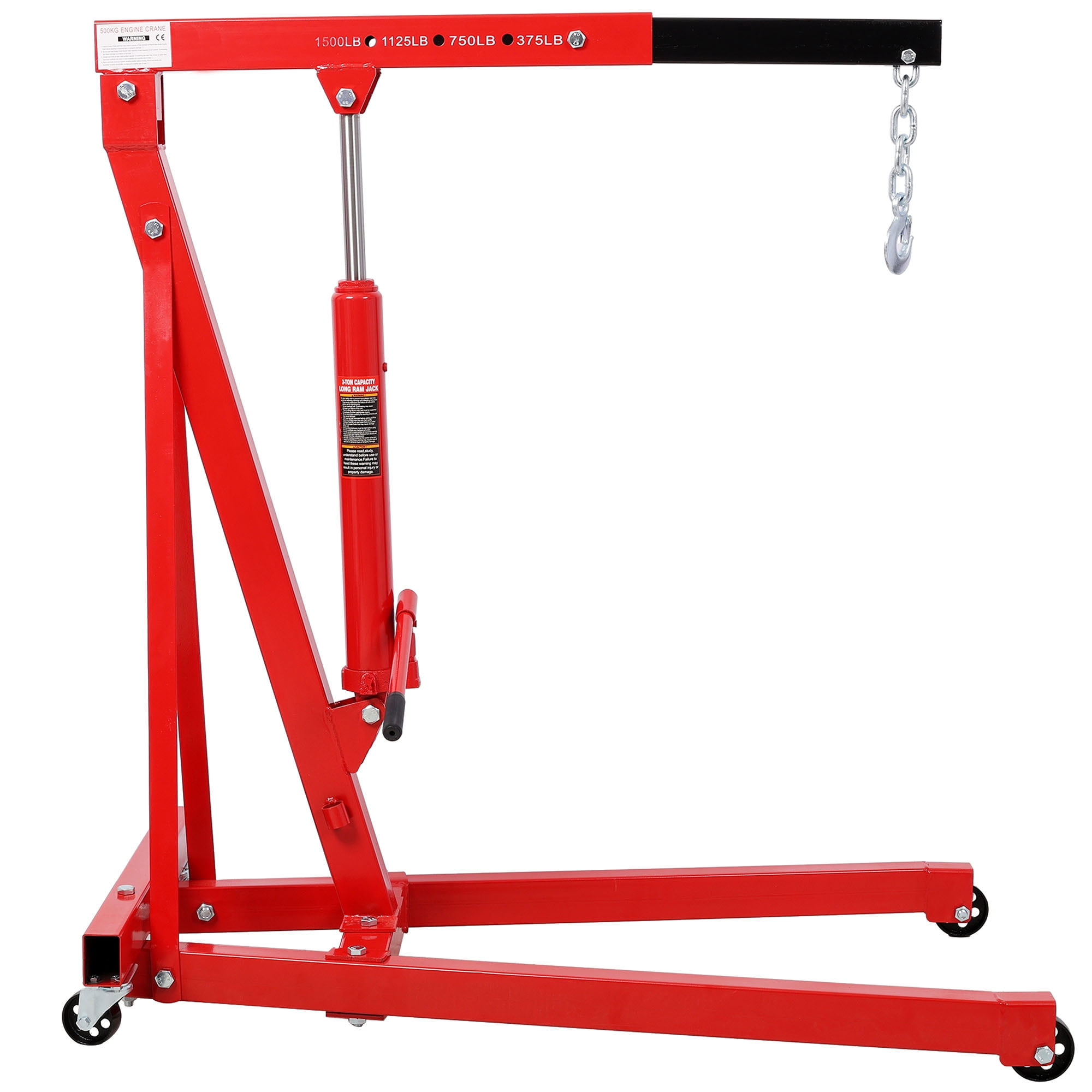 Red Folding Engine Crane Hoist with 1500 Lbs Capacity, Steel Frame and Caster Wheels for Workshop Use