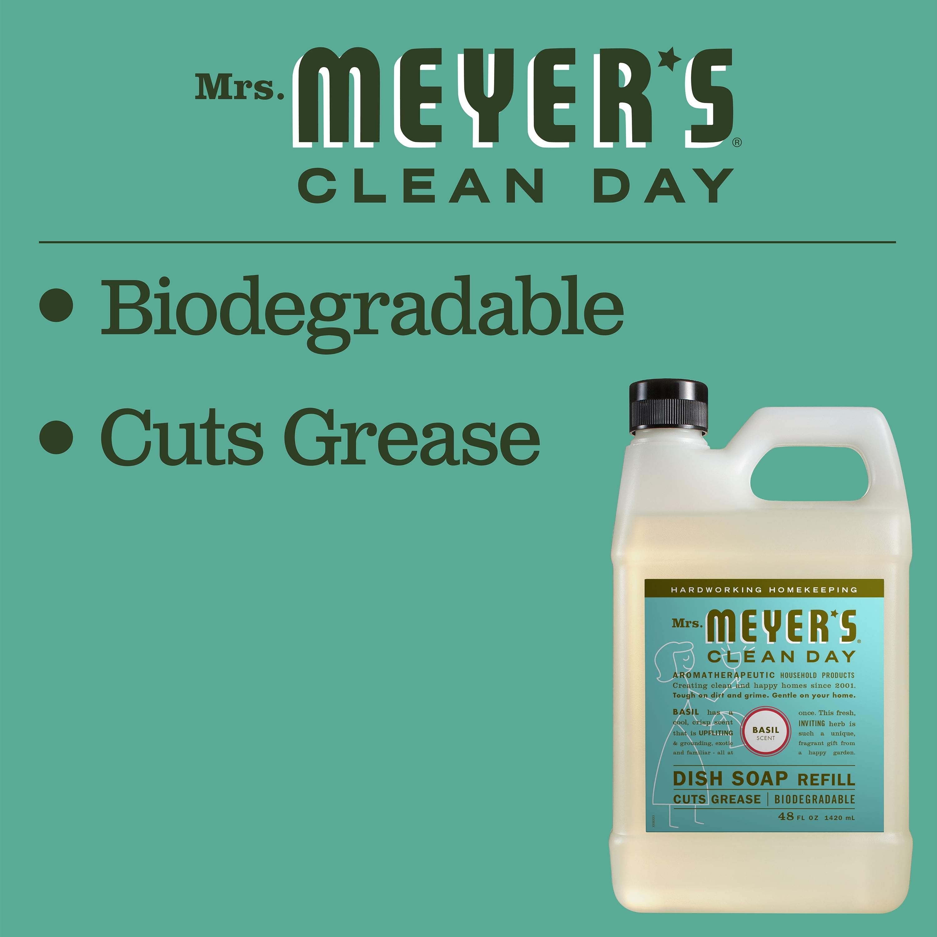 Mrs. Meyer's Clean Day Liquid Dish Soap Refill, Basil Scent, 48 Ounce, 3 Count
