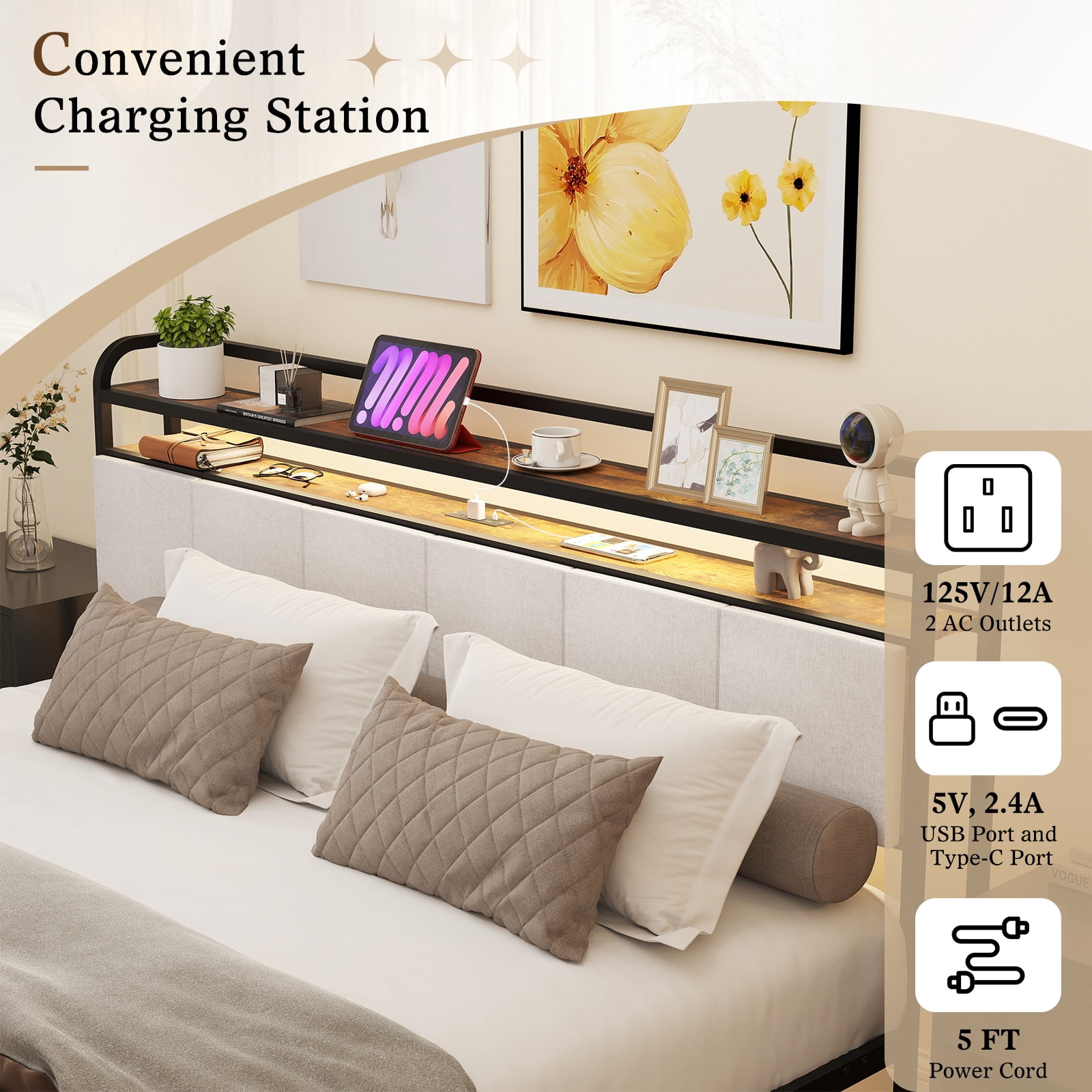 Topbuy King Size Bed Frame w/Charging Station Metal Platform Bed w/ Upholstered Headboard
