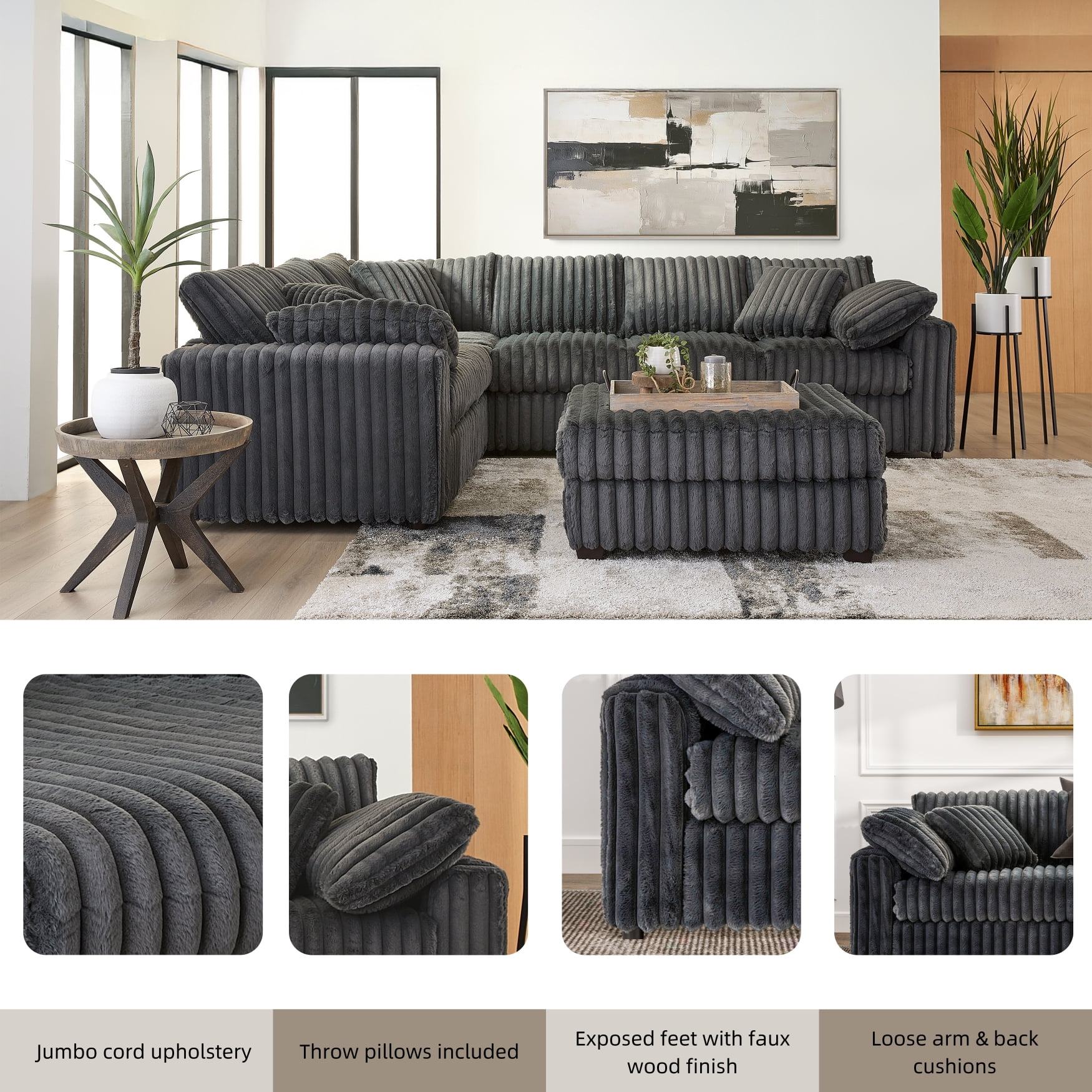 Roundhill Furniture Belvoir 2-PC Living Room Set, L-shape Sectional and Accent Ottoman, Charcoal