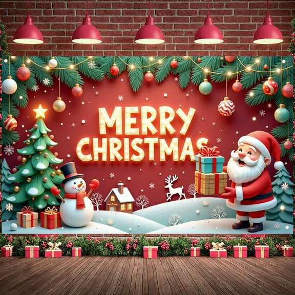 Red Theme Merry Christmas Banner Festive Christmas Display Lighted Letters Christmas Tree Design Xmas Backdrop for Christmas Party Indoor Decoration Family Gathering