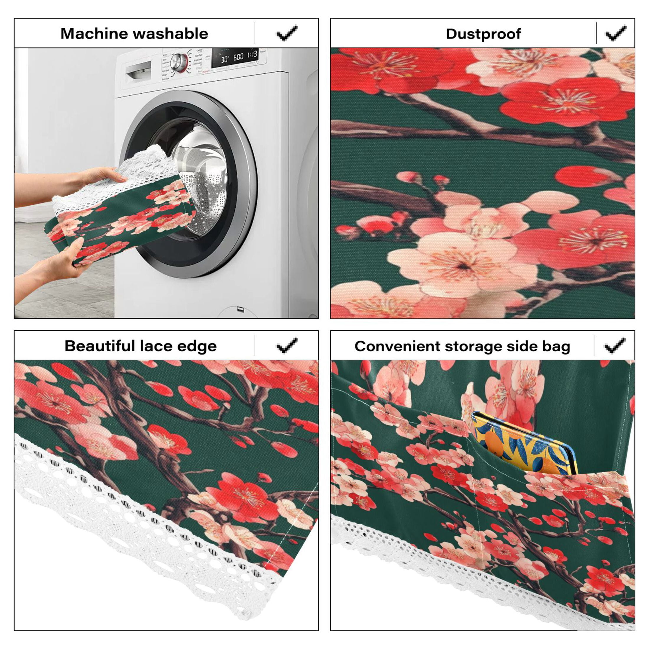 Plum BlossomWasher and Dryer Covers Dust-Proof and Oil Resistant Fridge Cover with 4 Storage Pockets Washing Machine Top Cover for Laundry Kitchen Home 51.2 x 22 In