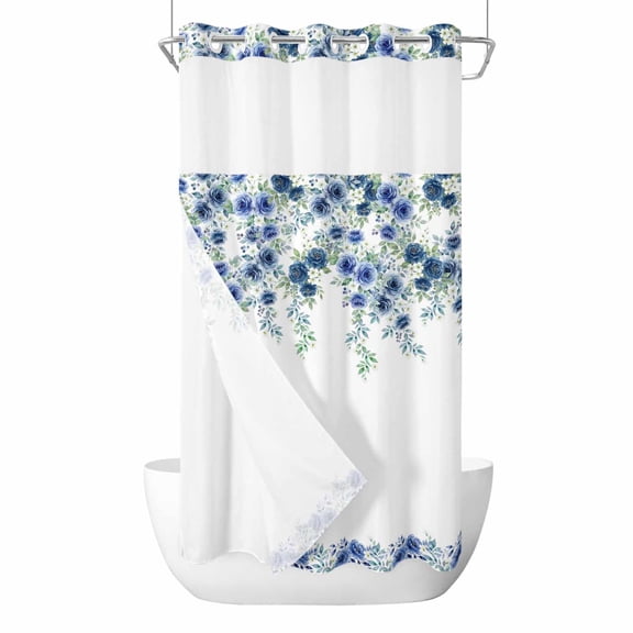 No Hook Blue Roses Shower Curtain with Snap in Liner Set, Spring Floral Elegant Pastoral Flowers Botanical Waterproof Bathroom Curtains with See Through Top Window, Hotel Style Small 36 x 72 Inch