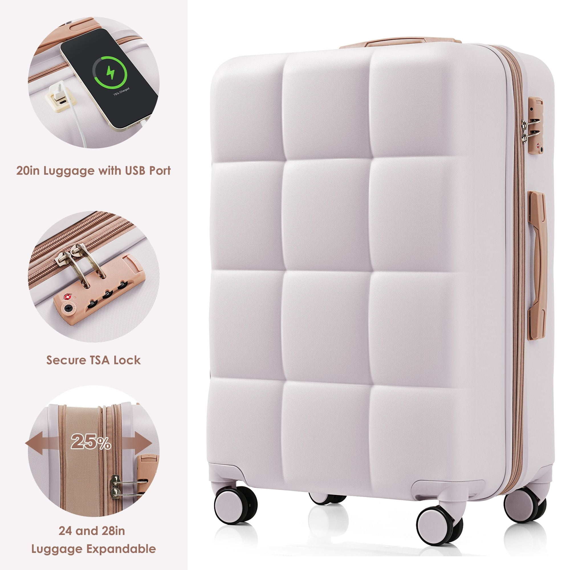 Aukfa Luggage Set, 3 Piece Expandable Hardshell Suitcase with USB Port and Cup Holders, Spinner Wheels, Ivory