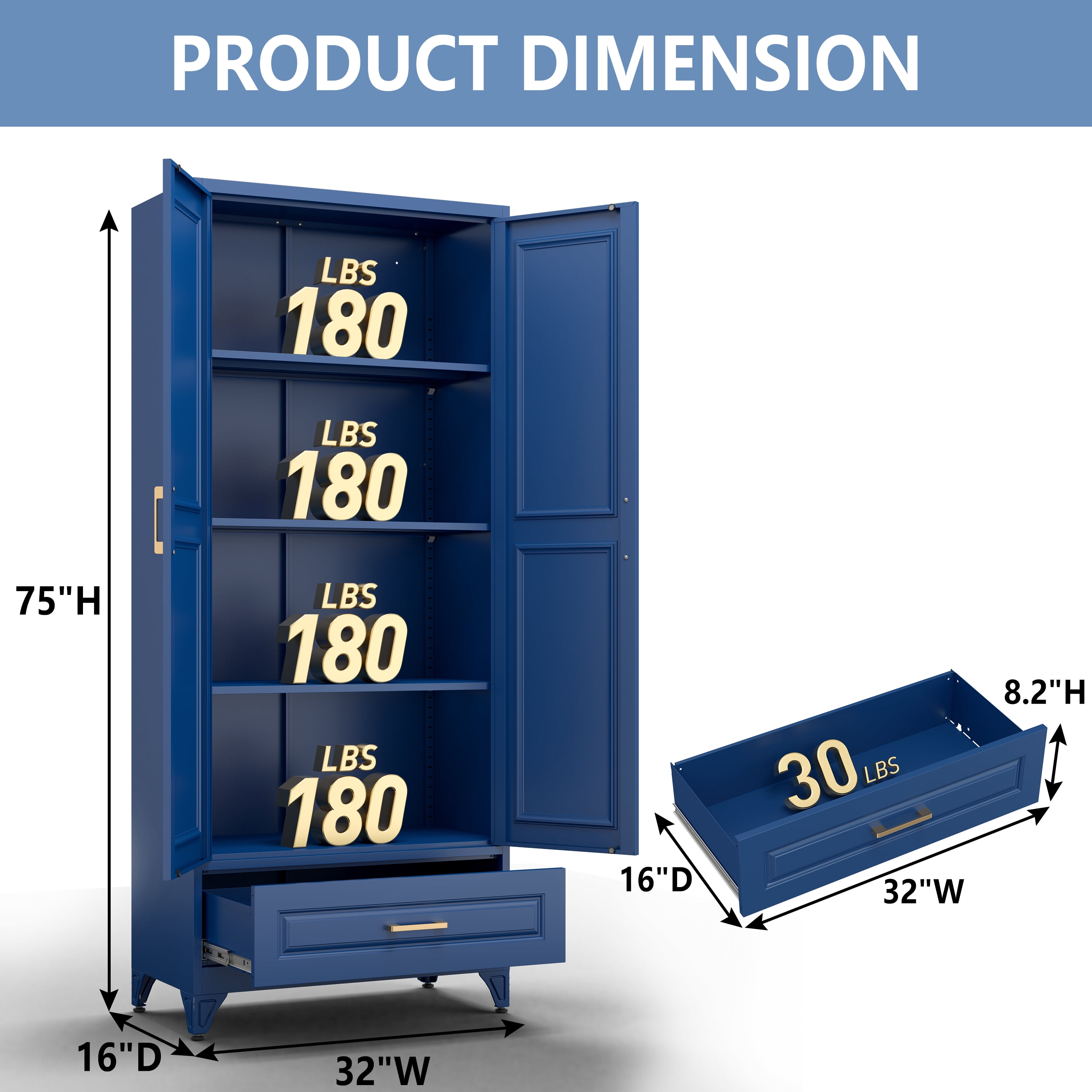 Polup Kitchen Pantry Cabinet, Metal Storage Cabinets, 75"Height Pantry Cabinets with Drawer, Food Cupboard with Doors,Blue