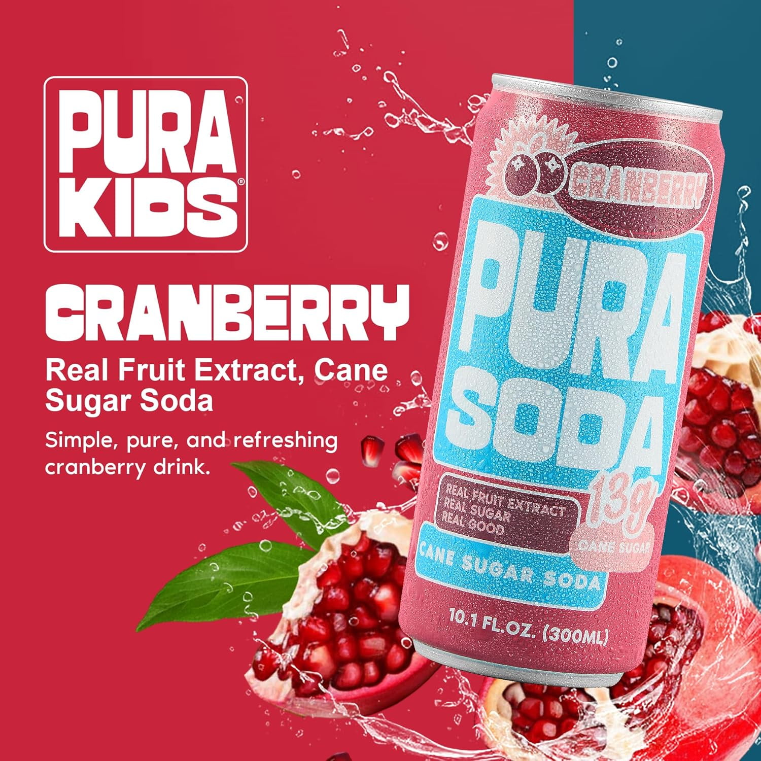 PuraSoda® Cranberry | Low-Calorie, Cane Sugar Soda Beverage | Non-GMO, Vegan | Made with Pure Cane Sugar, No Preservatives | 10.1 fl oz (300ml) Cans, 24-Pack