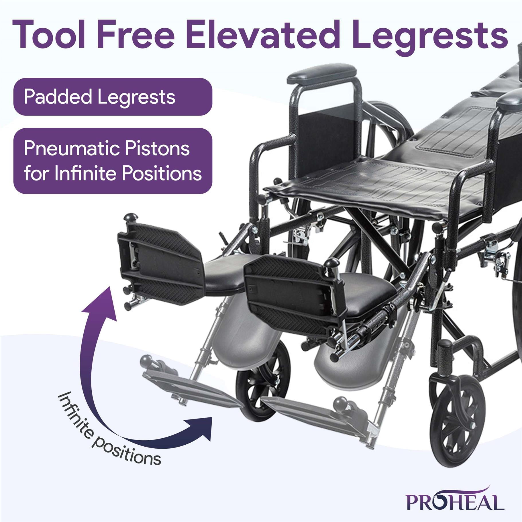 ProHeal Premium 18” Reclining Wheelchair with Elevating Legrests, Headrest Support, Removable Desk Arms, - 300LB Capacity