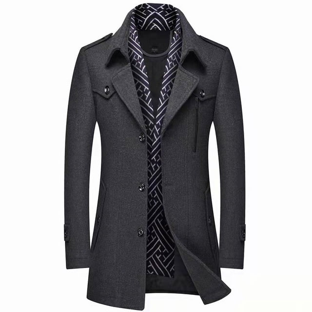 Abrigo de mezcla de lana para hombre con bufanda desmontable o cuello interior, abrigo de botonadura sencilla, gabardina cálida de invierno