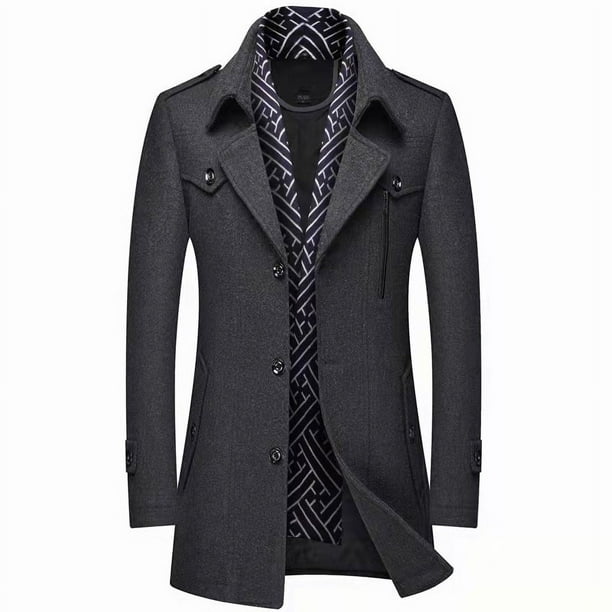 Abrigo de mezcla de lana para hombre con bufanda desmontable o cuello interior, abrigo de botonadura sencilla, gabardina cálida de invierno