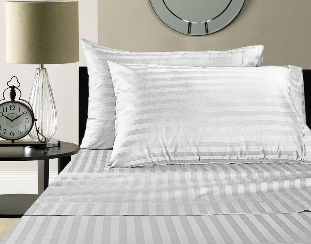 Luxurious Bedding Set USA Size Dark Grey Stripe 100% Cotton 800-TC Extra Drop 