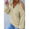 thumbnail image 4 of Asyoly Womens Halter Neck Cold Shoulder Sweater Long Sleeve V Neck Solid Color Knit Pullover Sexy Jumper Loose Top, 4 of 5