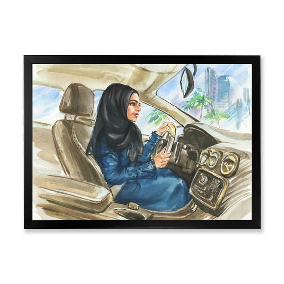 Designart 'Arabian Lady Driving A Car I' Modern Framed Art Print