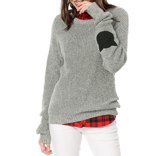 Unique Bargains Junior's Pullover Drop Shoulder Elbow Cat Patch Loose Sweater Pullover