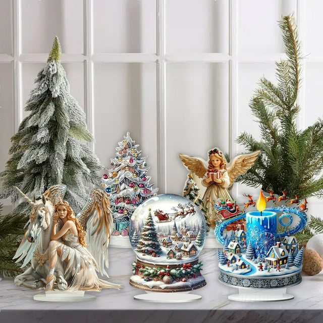 Placa acrílica de pie • Decoración de escritorio 2D • Cartel navideño con árbol de Navidad y ángel • 9,84x9,65x3,14 pulgadas • Adorno festivo para el hogar y la oficina