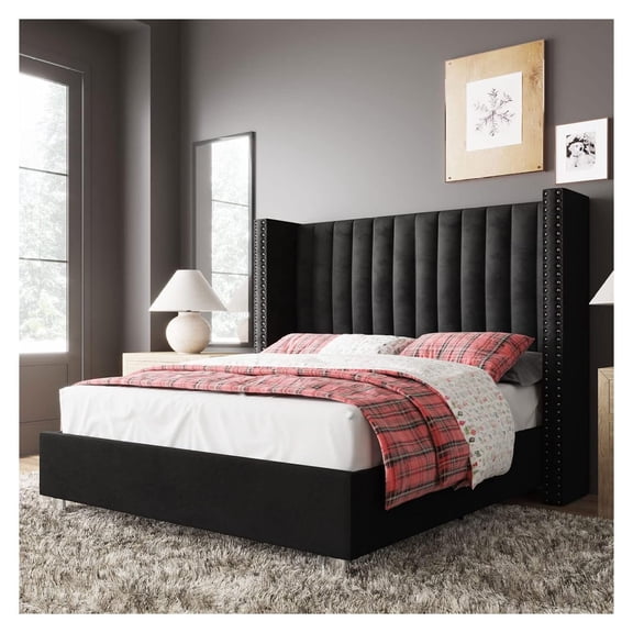 Queen Size Upholstered Bed Frame with Wingback Headboard, Black Faux Leather Wooden Slats, 1000 Lb Capacity, No Box Spring Required