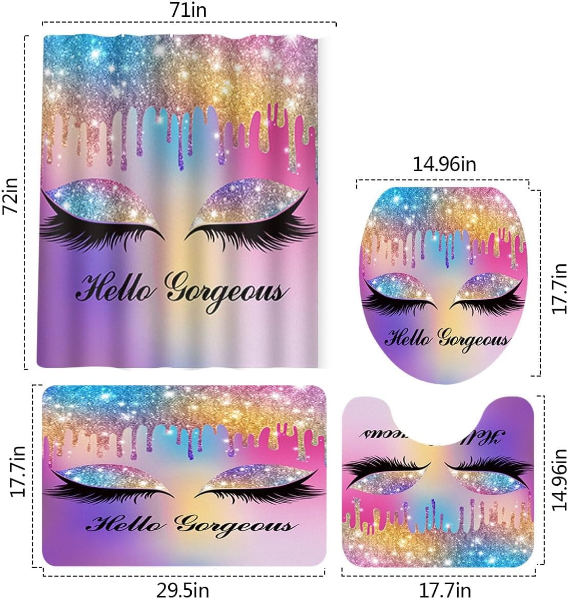 Hello Gorgeous Shower Curtain Set, 4PCS Purple Bathroom Sets with Colorful Twinkle Drips Pretty Eyelash Shower Curtains, Bath Rug, Toilet Lid Cover and U Shaped Mat, 12 Hooks, SETLSGU18