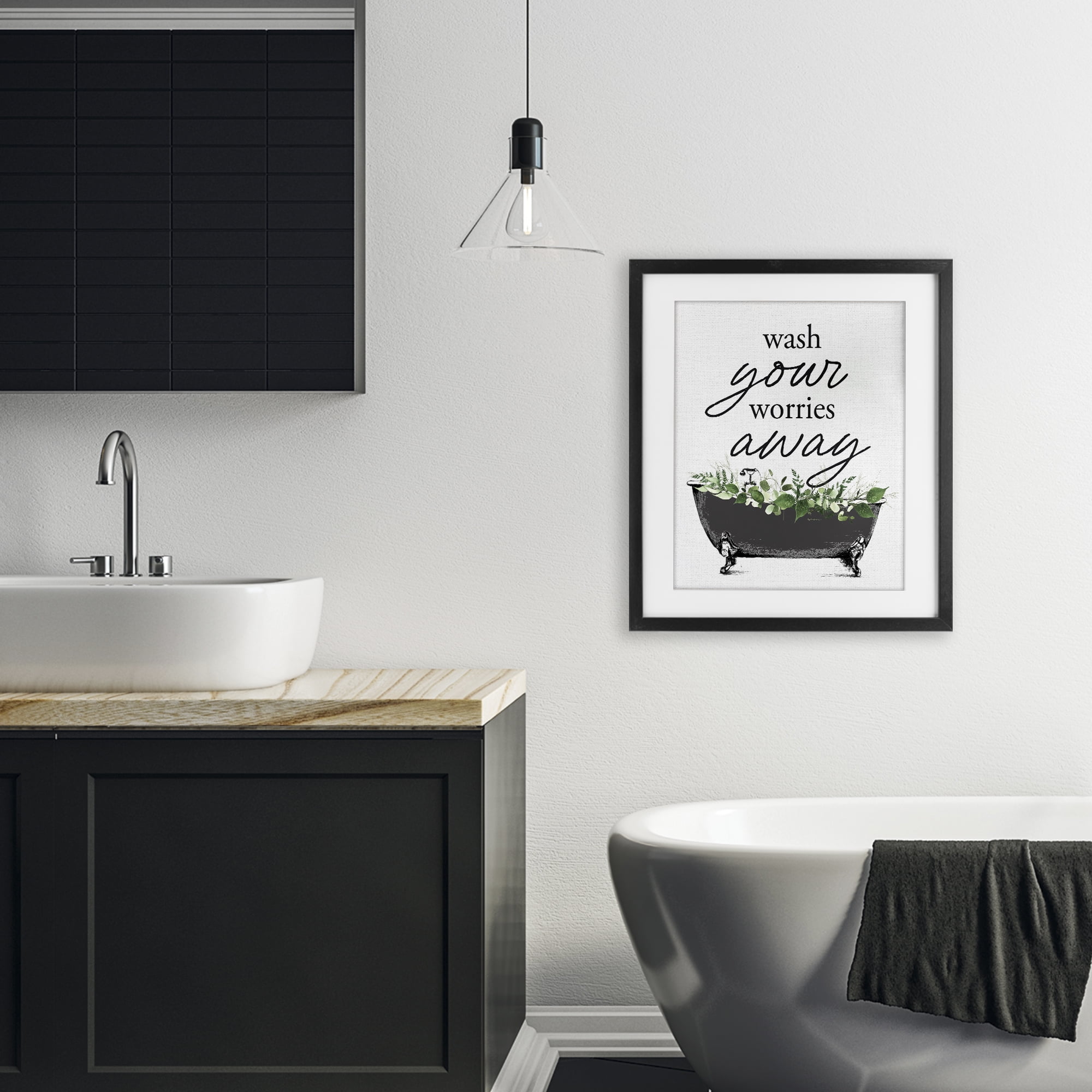 Wash Worries Away Herbs Black Framed Print Under Glass, design by Lettered and Lined