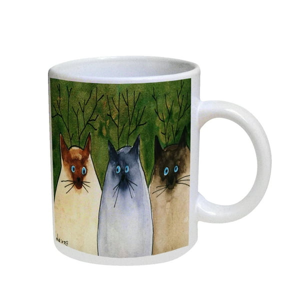KuzmarK Coffee Cup Mug Pearl Iridescent White - Silly Siamese Reindeer Kitties Christmas Cat Art by Denise Every