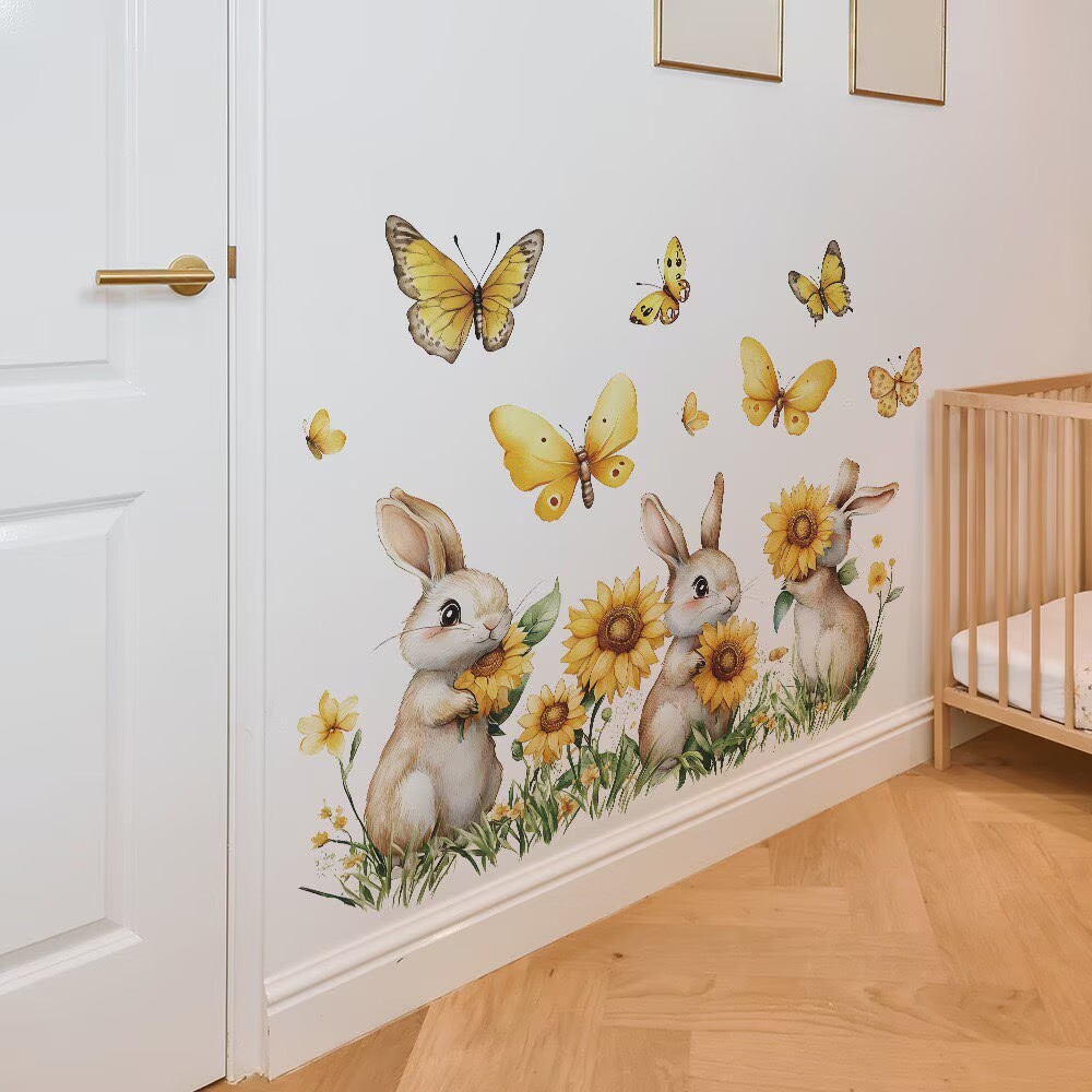 Rabbit and sunflower stickers, flower stickers, sunflowers Peel and Stick Wall Art Decals for Kids Bedroom Baby Nursery