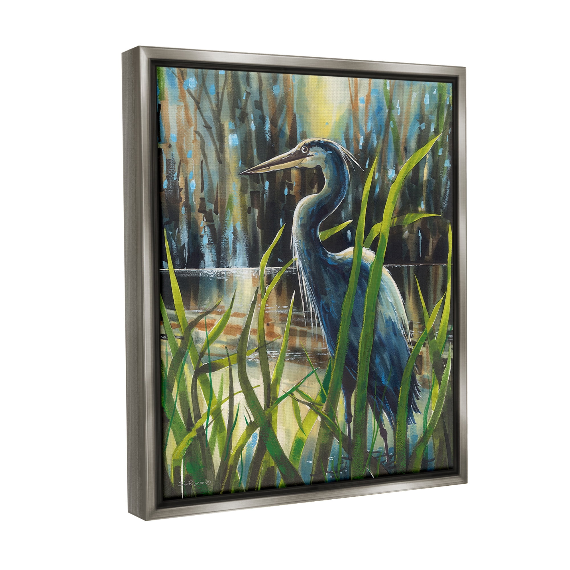 Stupell Industries Heron Between Pond Reeds Animals & Insects Painting Gray Floater Framed Canvas Art Print Wall Art, 25 x 31