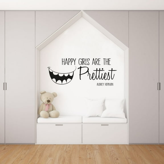 Happy Girls Are The Prettiest - Audrey Hepburn Quote - Motivational Quote Beautiful Big Smile Vinyl Wall Art Wall Sticker Wall Decal Home Room Decoration Decal Kids Room Décor Size (10x8 inch)
