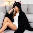 thumbnail image 3 of Blanket with Sleeves and Hood, Hoodie Blanket, Flannel Sofa Blanket, Warm, Hooded Blanket, Fluffy Black Cat, Soft, for Home, Travel, Birthday Gift and Animal Lovers(Black,One Size), 3 of 4