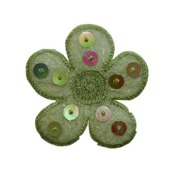 ID 6638 Sequin Green Daisy Patch Flower Garden Head Embroidered Iron On Applique