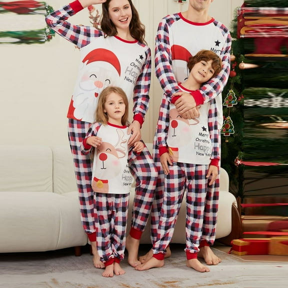 Onlypjs Matching Family Christmas Pajamas Set – Santa & Reindeer Tops with Red, White & Blue Plaid Pants for Women, Men, Couples