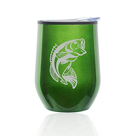 

Stemless Wine Tumbler Coffee Travel Mug Glass with Lid Bass Fish (Green)