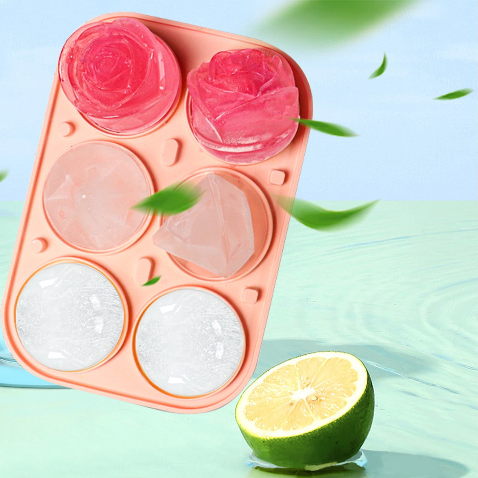 Ice Cube Tray, 6 Cavity Silicone Ice Cube Tray with Lid, 2.6 inch Rose & Sphere Shaped Ice Cube Trays with Covers, Easy Release Ice Ball Maker, Whiskey Ice Ball & Rose Mold for Home Bar, Coffee,Green