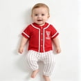 thumbnail image 6 of mgoYE 2Pcs Toddler Baby Boy Summer Baseball Outfit Set 3-6 Months Short Sleeve Baseball Button T-Shirt Top and Striped Pants Clothes Red, 6 of 6
