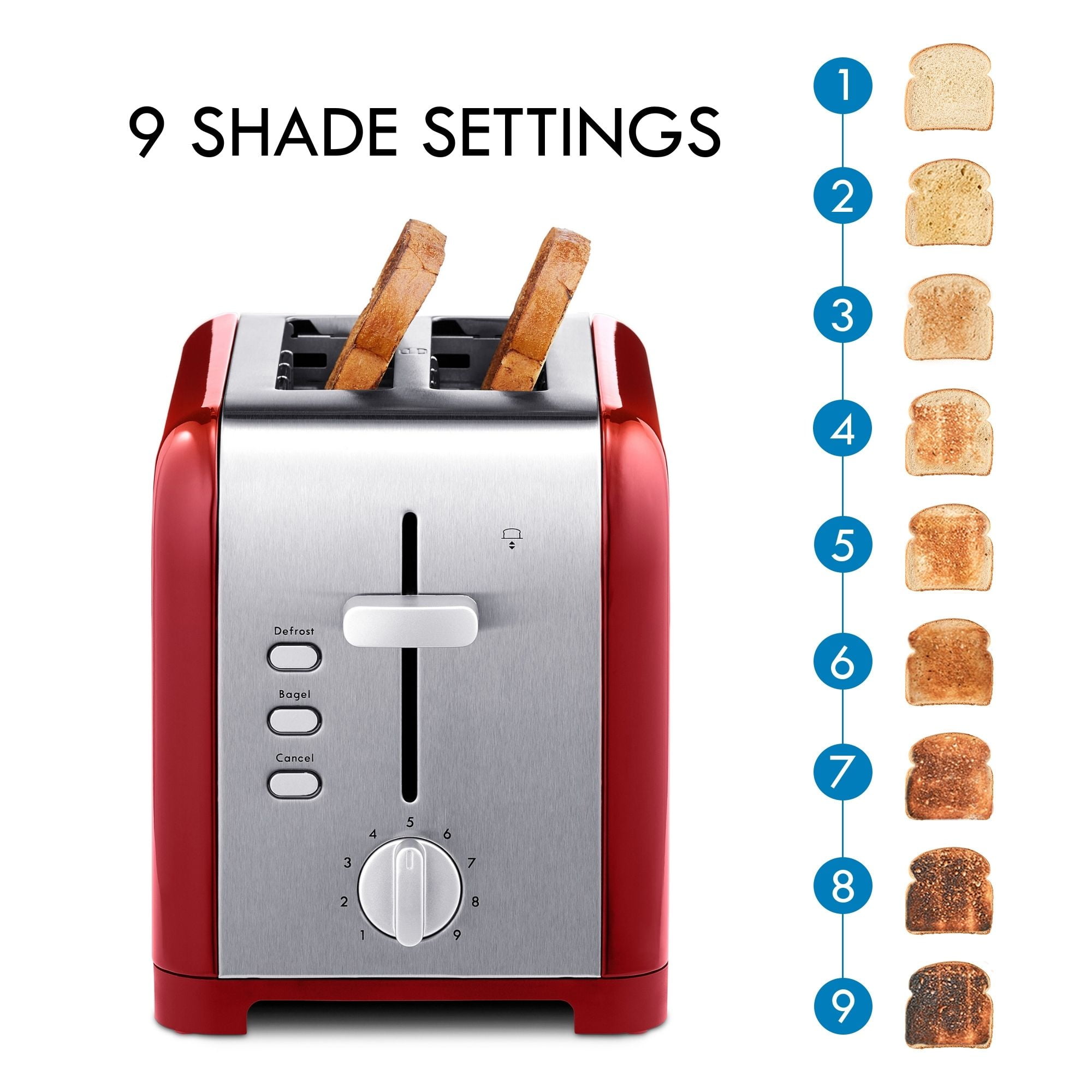 Kenmore 2-Slice Stainless Steel Toaster, Extra Wide Slots, 9 Browning Levels for Toast- Red & Silver