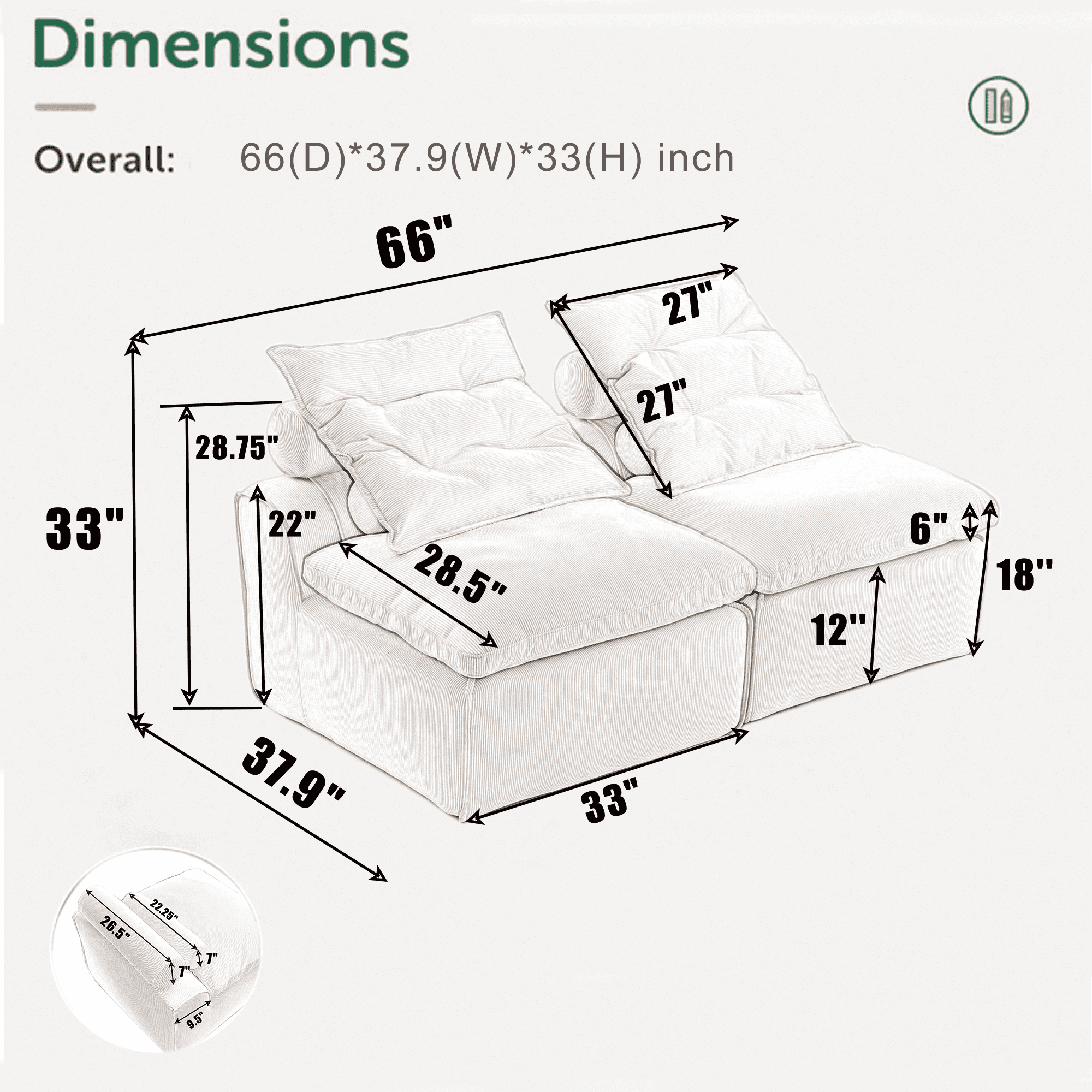 Aukfa 66" Tufted Modular Sofa, Armless Compact Couch for Small Spaces & Cozy Lounging, Green