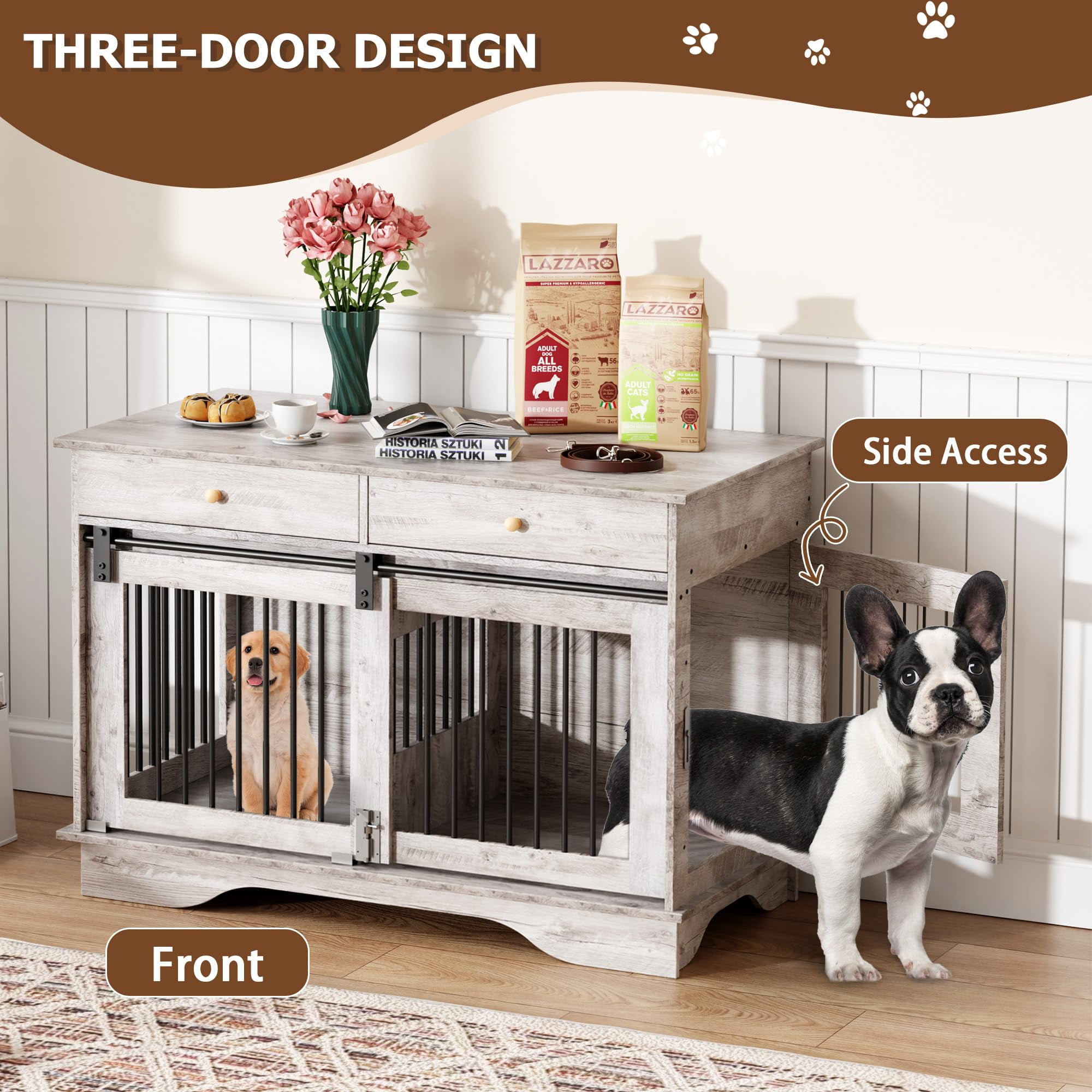 Litake Dog Furniture Crate, 47" Large Dog Crate Furniture w/ 2 Storage Draws & Removable Divider for Large/Medium/Small Dogs, Grey