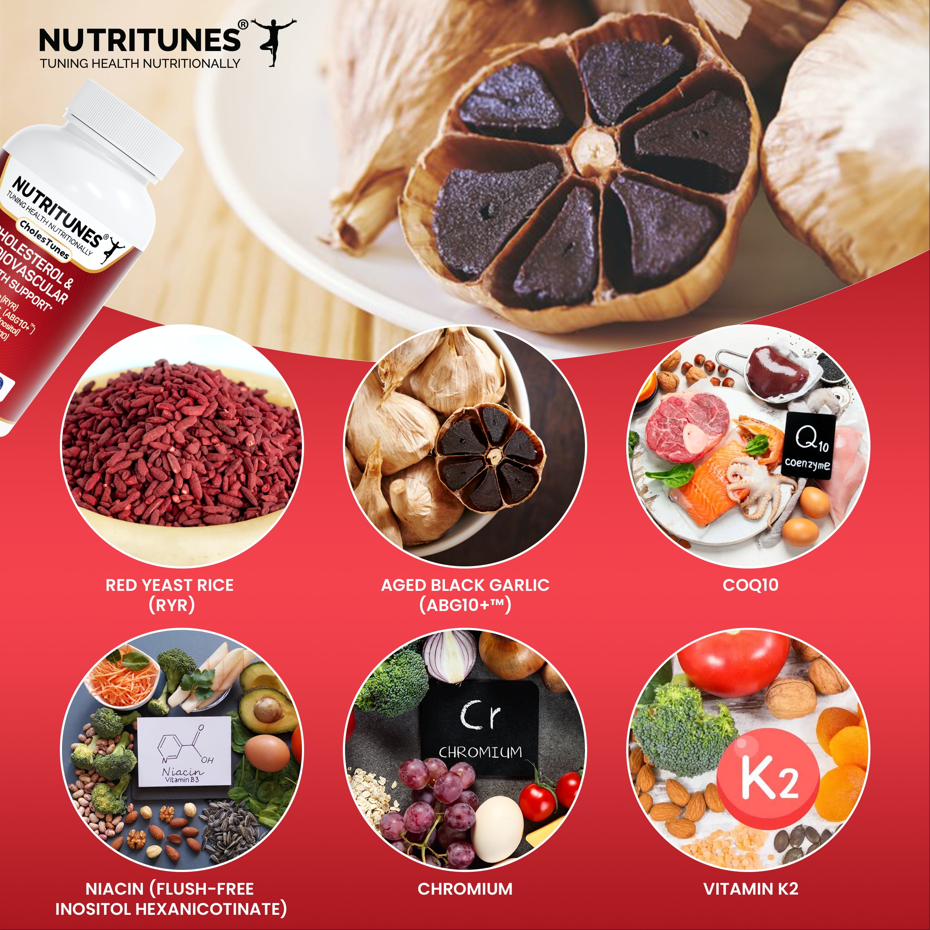 Cholestunes –Cholesterol & Heart Health Support Advanced Supplement  Red Yeast Rice (RYR), Aged Black Garlic CoQ10, Niacin (Flush-Free), Chromium & Vitamin K2– 90 Capsules