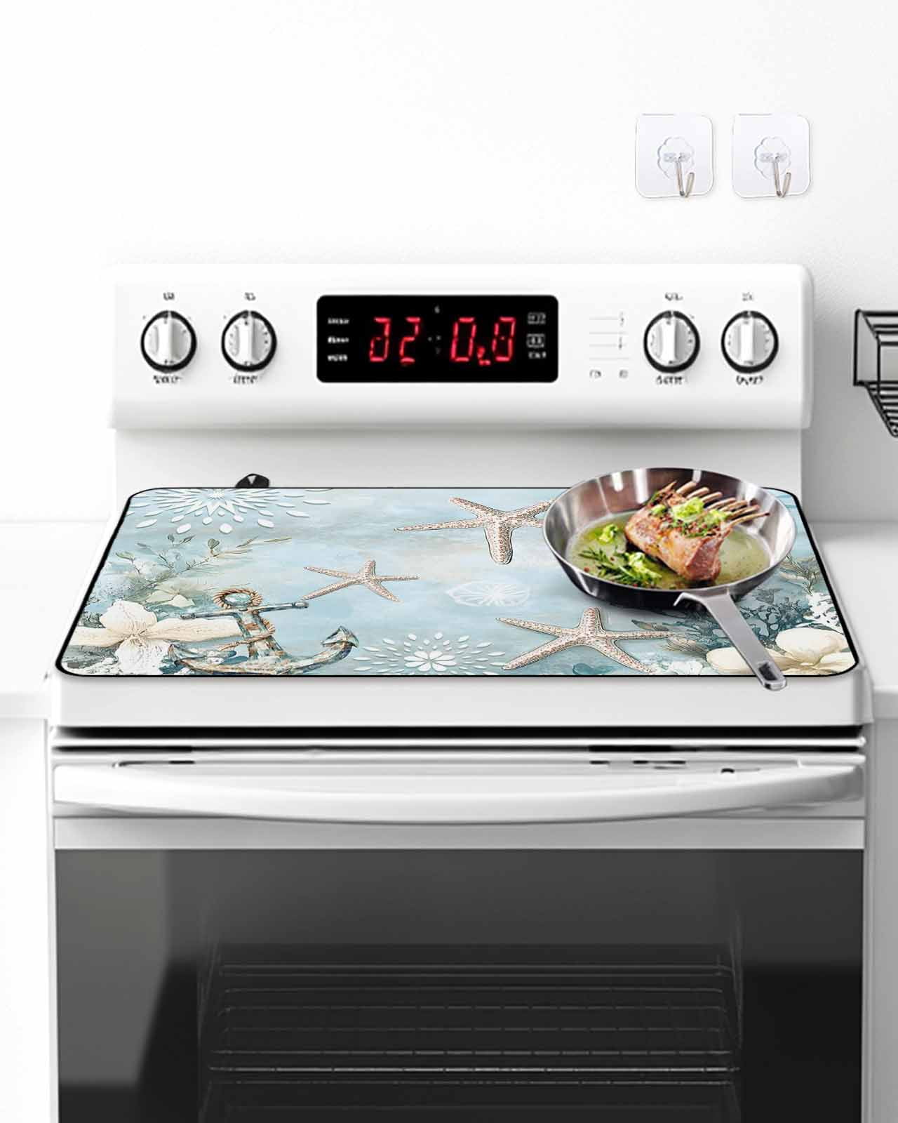 Stove Top Covers for Electric Stove, Teal Ocean Coastal Glass Stovetop Cover Protector, Summer Beach Nautical Coral Starfish Induction Cooktop Protector Oven Mat for Kitchen Countertop 24"x21"
