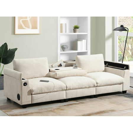 96" Chenille Sofa Recliner with Cup Holders, USB Charger & Bluetooth Speaker, 3 Seat Convertible Comfy Cloud Couch with Storage Armrest, for Living Room, Apartment, Office, Beige