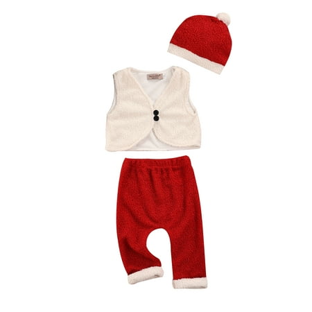 

TheFound Newborn Baby Boy Girl Christmas Outfit Sleeveless Button Vest Top Pants Hat 3Pcs Fall Clothes