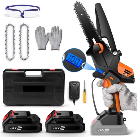 Mini Chainsaw  6-inch Cordless Battery Powered Chainsaw with 24V Batteries  Handheld Cordless Power Saw with Safety Protections for Wood Tree Cutting Branch Trimming