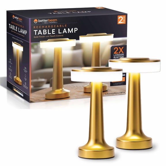 Bell and Howell Better Beam Table Lamp 2 Pack Small Cordless Touch LED Rechargeable Lamp for Bedside Desk Nightstand Gold