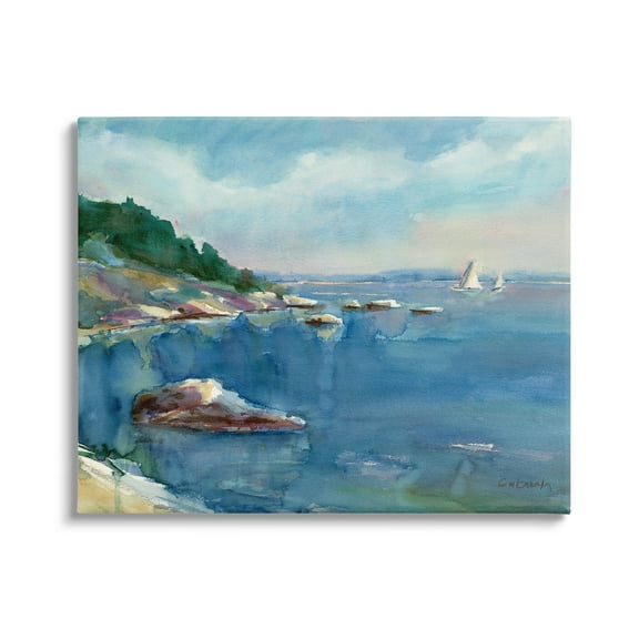 Stupell Industries Boats Floating Rocky Beach Cliffs Watercolor Detail Painting Gallery Wrapped Canvas Print Wall Art, Design by Stephen Calcasola