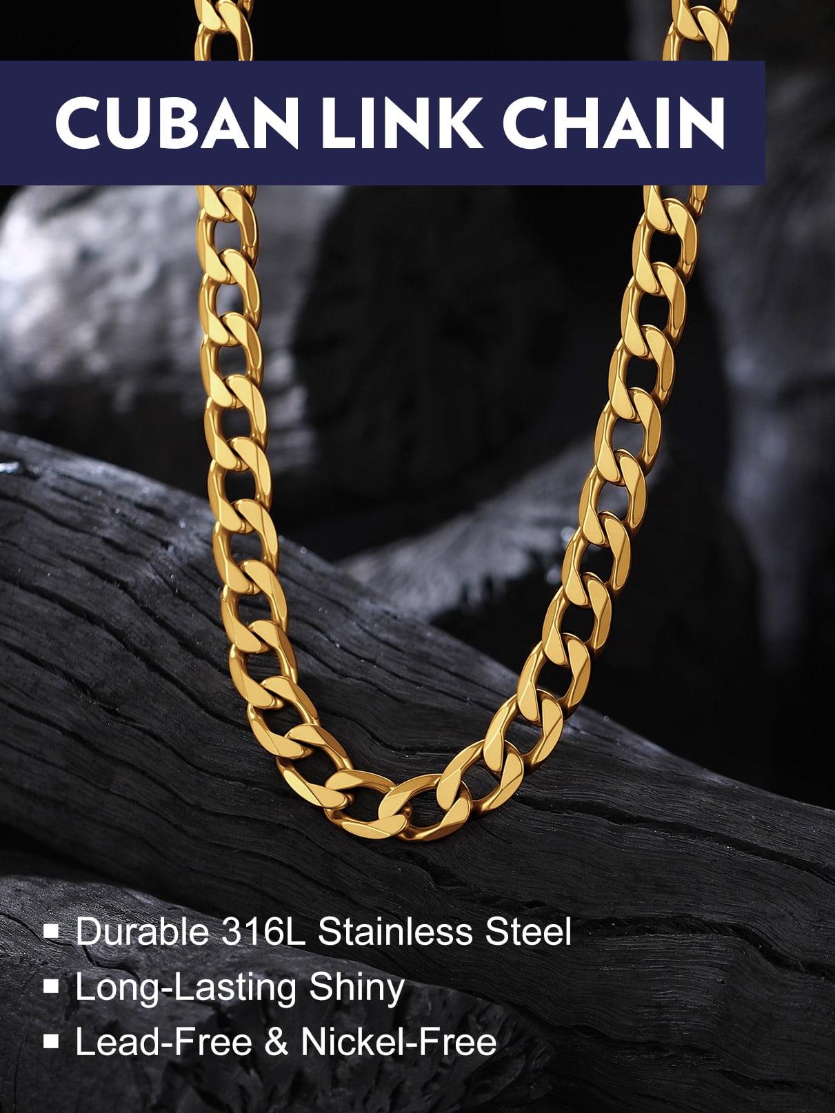 Bandmax 9MM Cuban Link Chain Necklace for Men Women Stainless Steel 14K Gold Plated Flat Curb Chain 22 Inches Rapper Mens Jewelry Birthday Father Day Gift for Dad Son Husband Grandpa