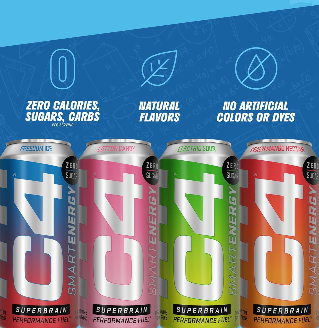 C4 Smart Energy Drink - Sugar Free Performance Fuel & Nootropic Brain  Booster With No Artificial Colors Or Dyes | Peach Mango Nectar 12 Oz - 12  Pack