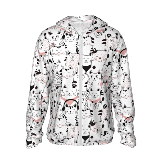 Balery Cute Cat Sudadera ligera de manga larga con capucha y protección solar UPF 50+ para hombre y mujer, ideal para pesca y running-Small