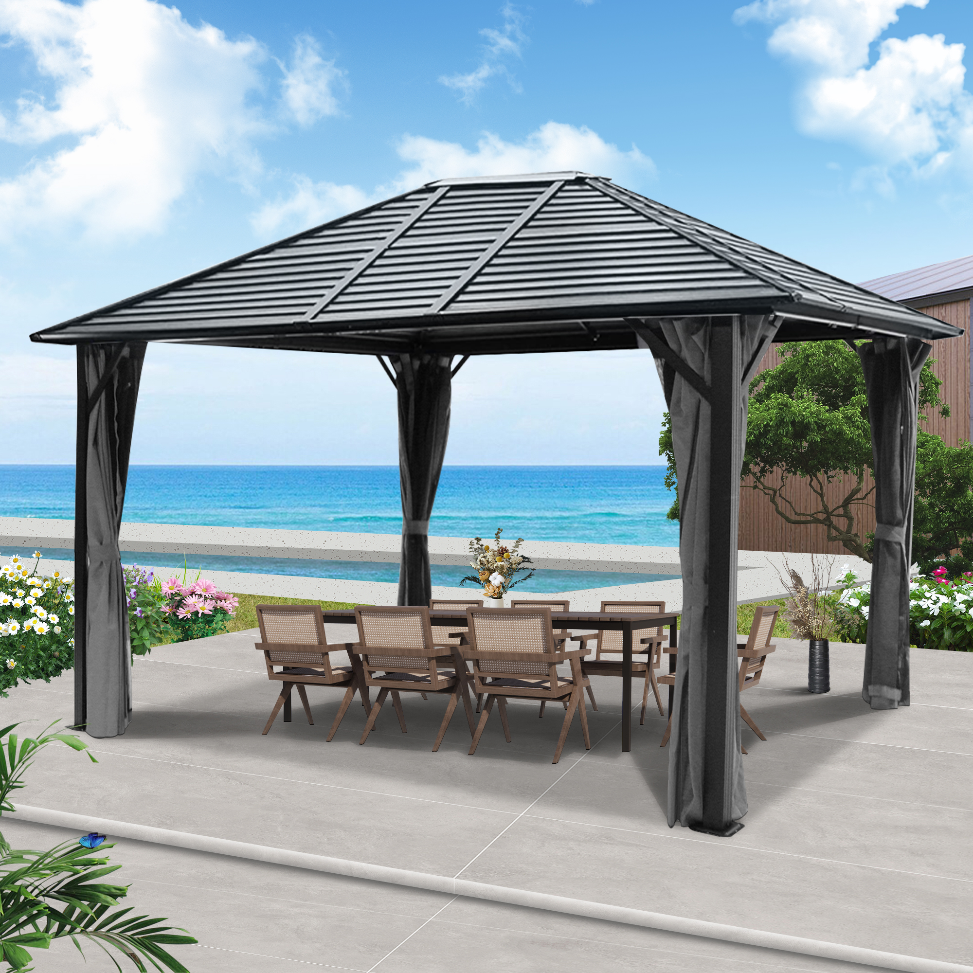12 Ft. W X 10 Ft. D Outdoor Hardtop Aluminum Patio Gazebo with