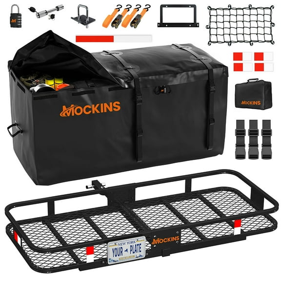 Mockins 60"x24"x6" Trailer Hitch Cargo Carrier with 25 Cu.Ft. Black Cargo Bag and Accessories