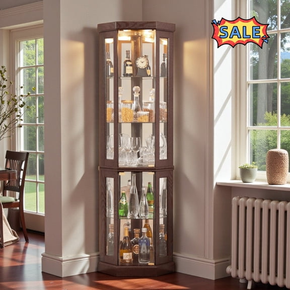 Tcbosik Corner Curio Cabinet with Light, 70"H Lighted Glass Cabinet with Adjustable Shelves, Wine Bar Cabinet with 2 Doors for Living Room, Dining Room, Cherry