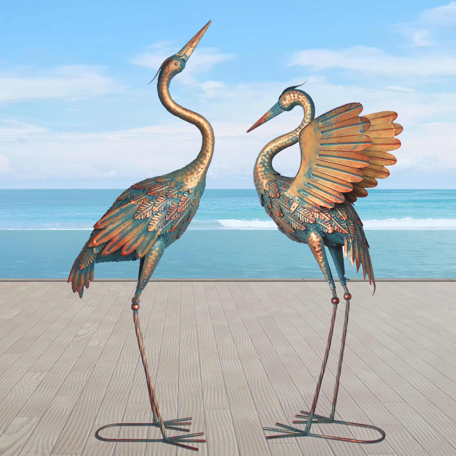 33-37 Inch Metal Crane Garden Statue Décor, Bird Heron Garden Sculpture & Statues, Outdoor Decoration for Yard Pond Lawn Backyard Pool, Vintage Spread Wings Crane, Set of 2 Copper